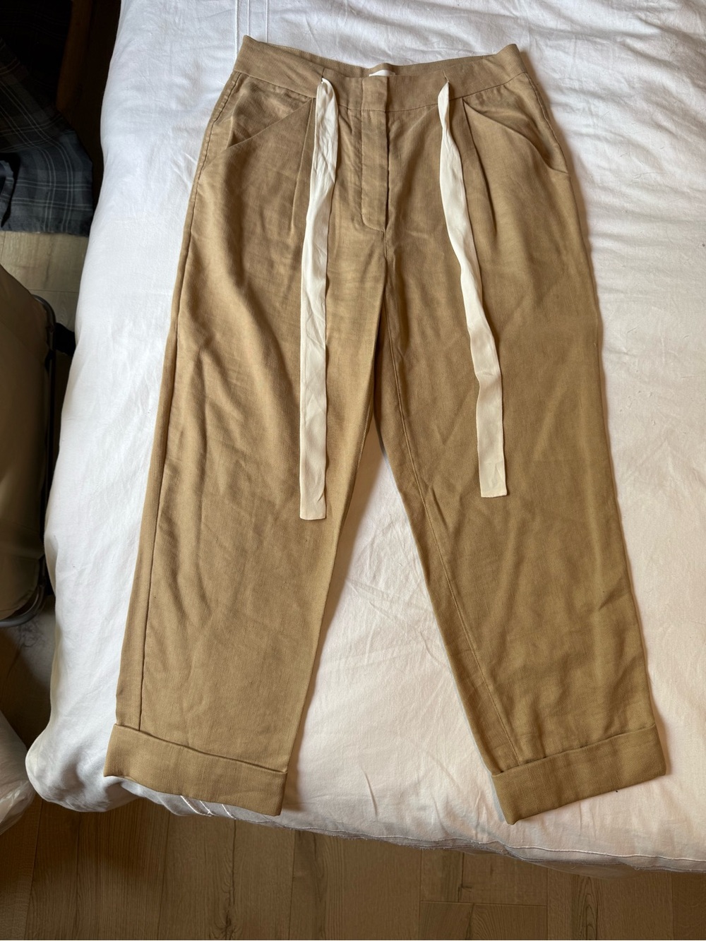 Wilfred Tan Drawstring Linen-Blend Pants with Cream Ties